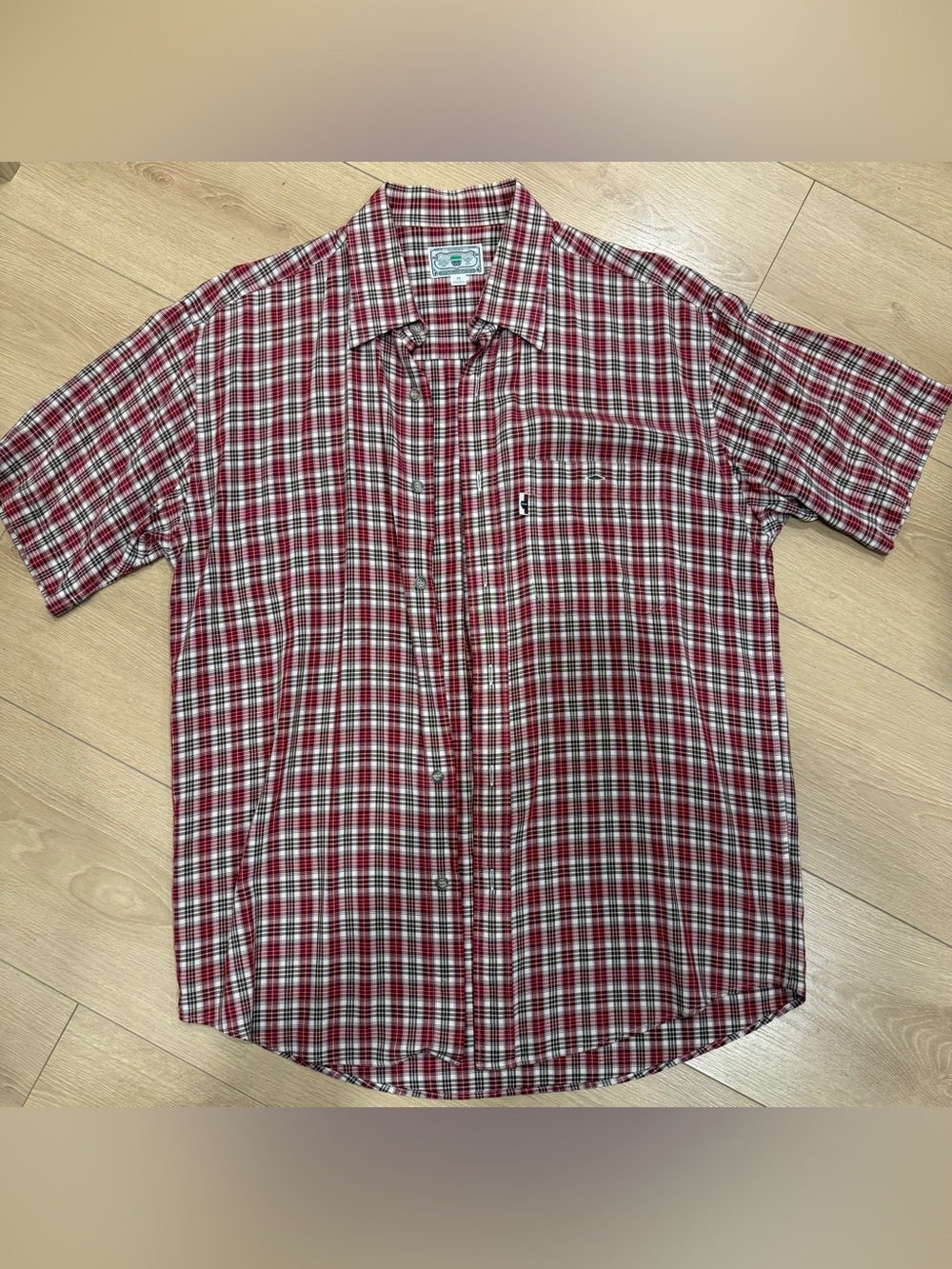 Texwood Vintage Men Plaid Short Sleeve Button Up Shirt Red Beige   With EUC